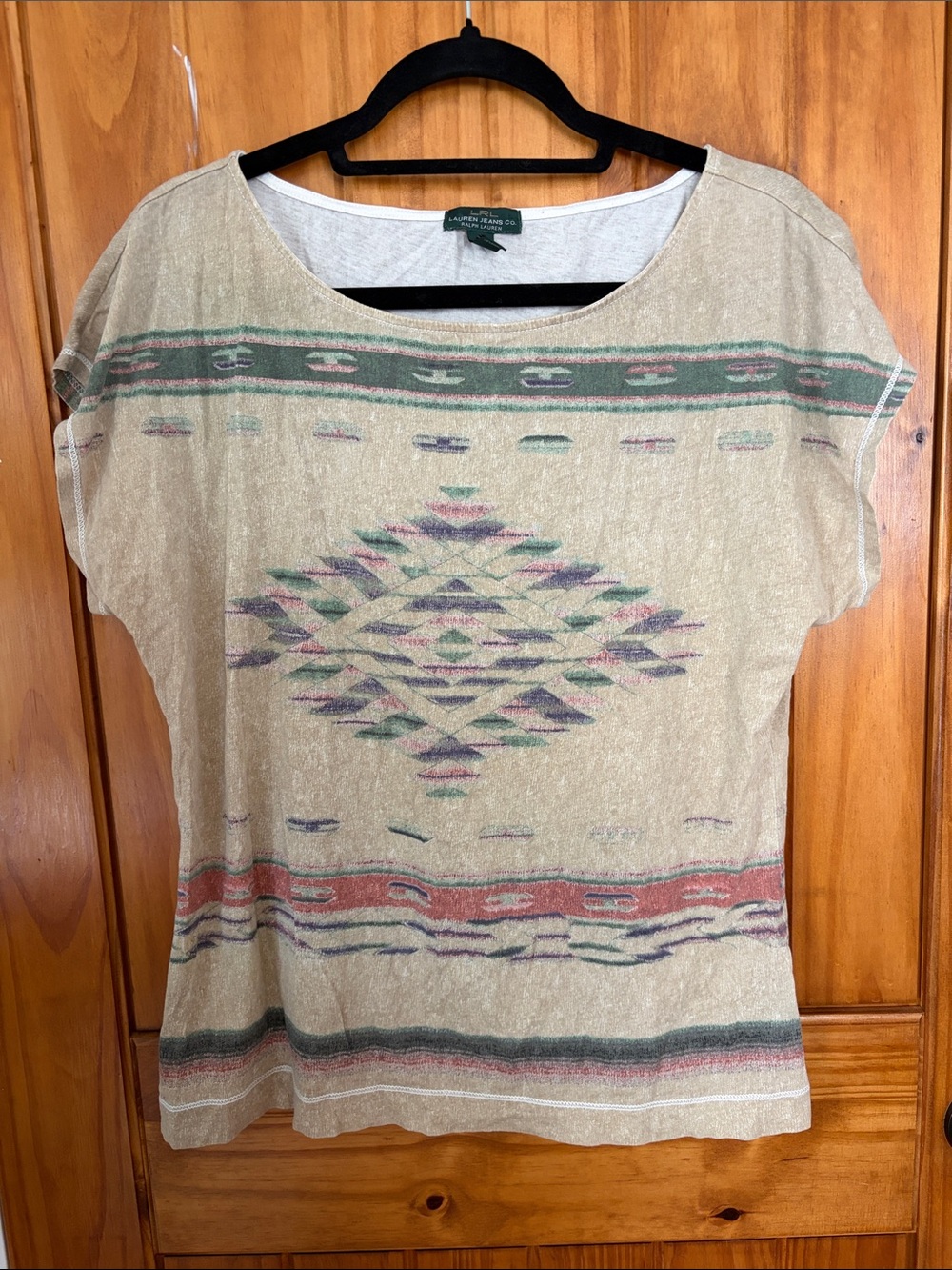 LAUREN RALPH LAUREN Beige Aztec Southwest Print Short Sleeve Top Large Cotton